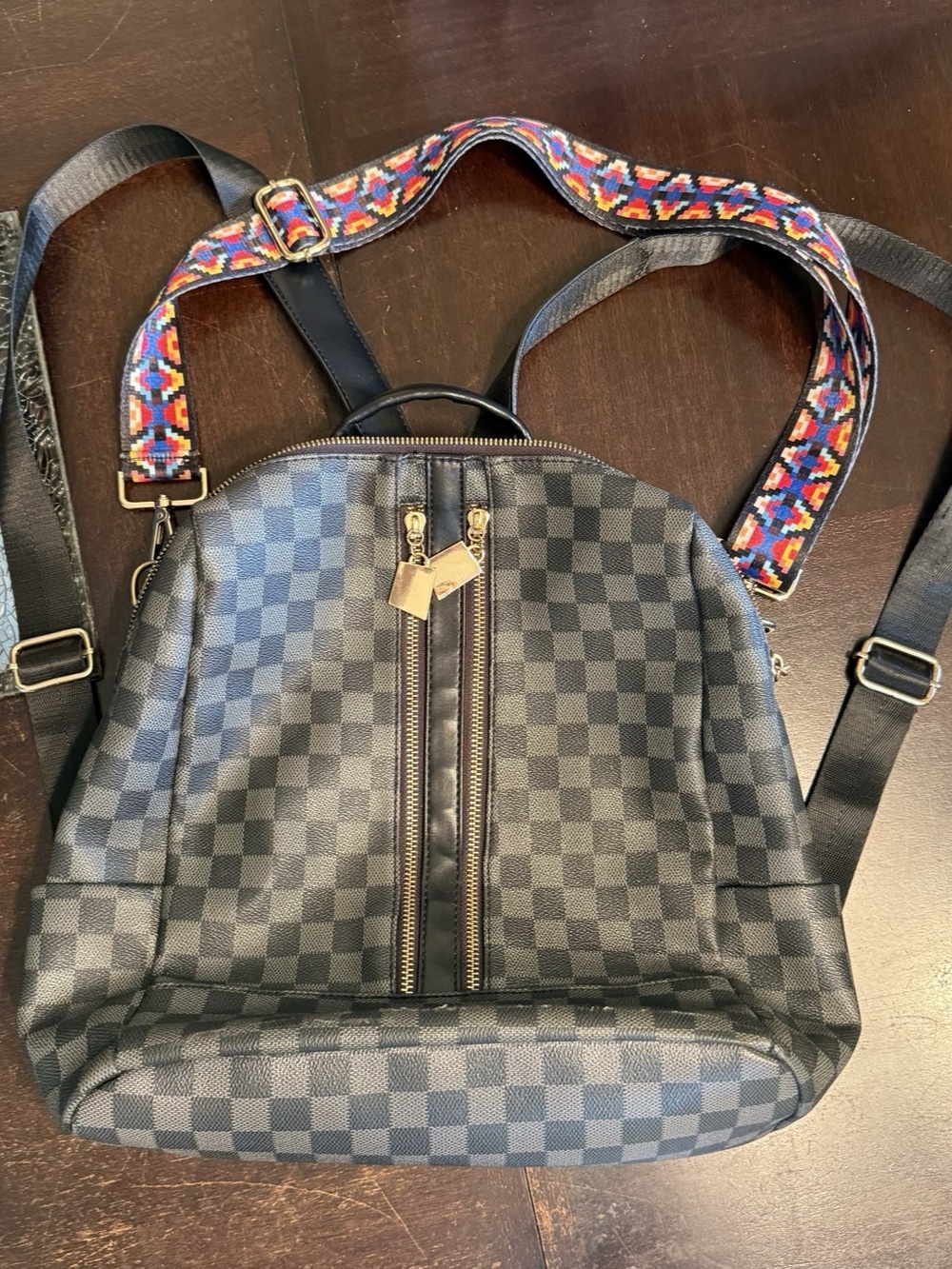 Checkered Faux Leather Convertible Backpack Crossbody Purse with Aztec Strap